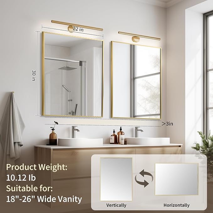 Brushed Gold Mirror, 22x30 Inch Aluminum Framed Rectangle Mirror, Anti-Rust, Tempered Glass, Square Corner Wall Mirror for Over Sink, Vanity, Bedroom, Entryway, Horizontal/Vertical