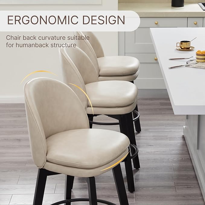 Counter Height Barstools 26 inch Upholstered Swivel Bar Stools with Back and Wood Legs for Kitchen Island,Set of 2,Beige PU Leather-Armless