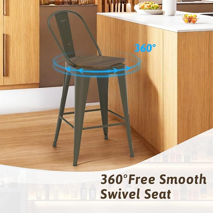 30” Swivel Bar Stools Set of 4, Counter Height Bar Stools Wooden Seat, Metal Industrial Bar Chairs with High Back for Kitchen Island (Rusty)