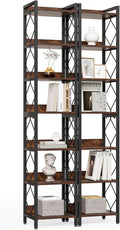 LITTLE TREE Book Shelf Set of 2, 7-Tier Tall Bookcase, Wooden Display Shelves with Metal Frame for Living Room, Modern Narrow Standing Bookshelves for Bedroom, Brown Office Shelf for Small Spaces