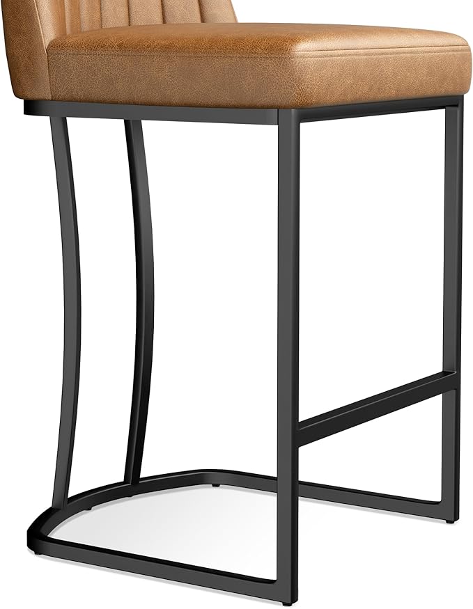 Bar Stools Set of 6, Faux Leather Counter Height Barstools, Upholstered Kitchen Counter Stools with Back and Stitching, 25.6" H Kitchen Island Stools Bar Chair, Metal Framed, Whisky Brown