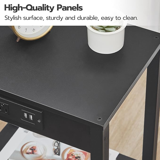 HOOBRO Side Table with Charging Station, End Table with USB Ports and Outlet, Nightstand with Storage Shelf, Faux Rattan Decoration, for Living Room, Bedroom, Black BK91UBZ01