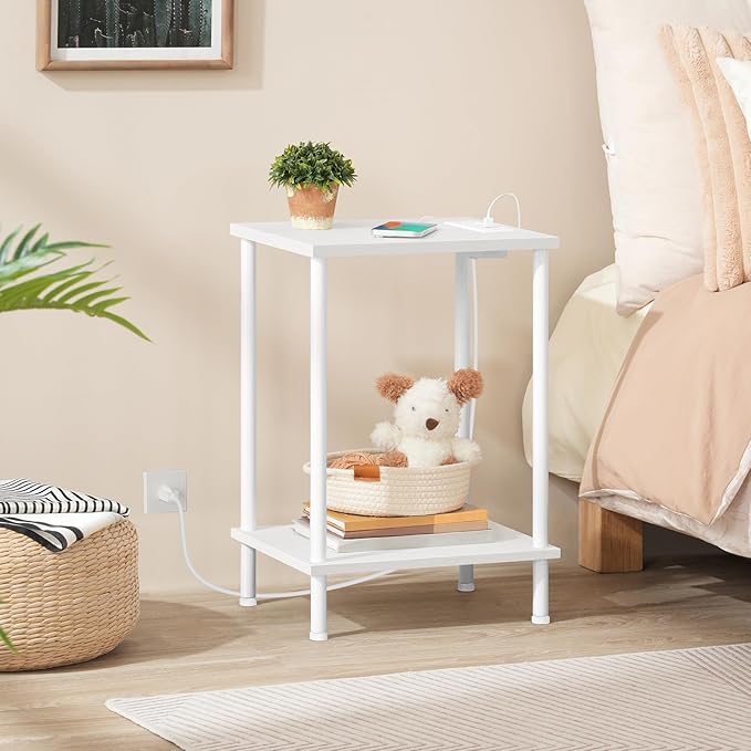 HOOBRO Side Table with Charging Station, End Table with USB Ports and Outlets, Nightstand with 2-Layer Storage Shelves for Small Spaces, Living Room, Bedroom, White WW09UBZ01