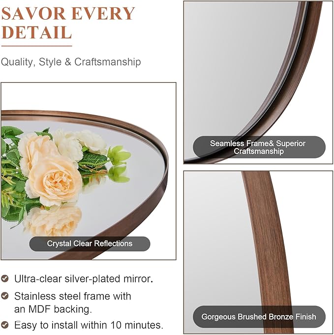 ANDY STAR Brushed Bronze Oval Mirrors for Bathroom, 20x28 Inch Bronze Stainless Steel Metal Framed Oval Wall Mirror, Modern Vanity Mirror Wall Mount Horizontal or Vertical