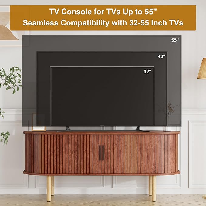GarveeHome 47.2" TV Stand, Modern TV Console Table with Storage Compartment and Sliding Door, Gaming Entertainment Center with Cabinet for Living Room, Bedroom, Office, Walnut
