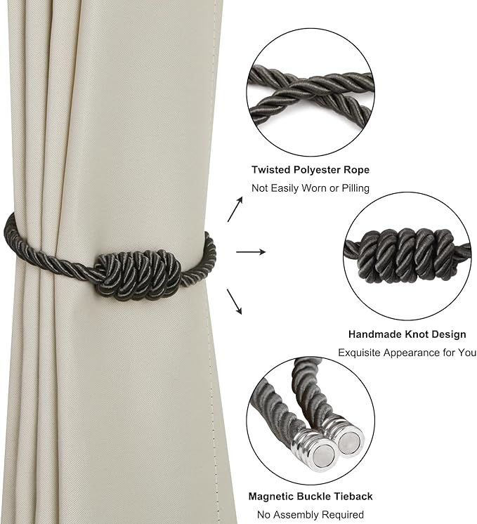 BEL AVENIR Magnetic Curtain Tiebacks, Decorative Drapery Holdbacks Modern Woven Tie-Backs with Exquisite Knot (Charcoal, 4 Pack)