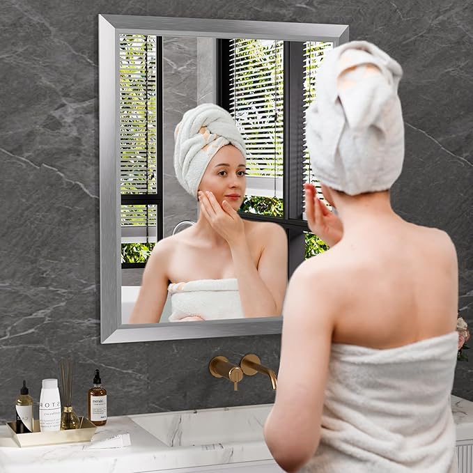 Amorho 24x36 Inch Bathroom Mirror Silver, Thick Metal Framed Wall Mirrors for Over Sink, Brushed Nickel Mirror Perfect for Bedroom, Living Room, Entryway, Rectangle (Horizontal/Vertical).