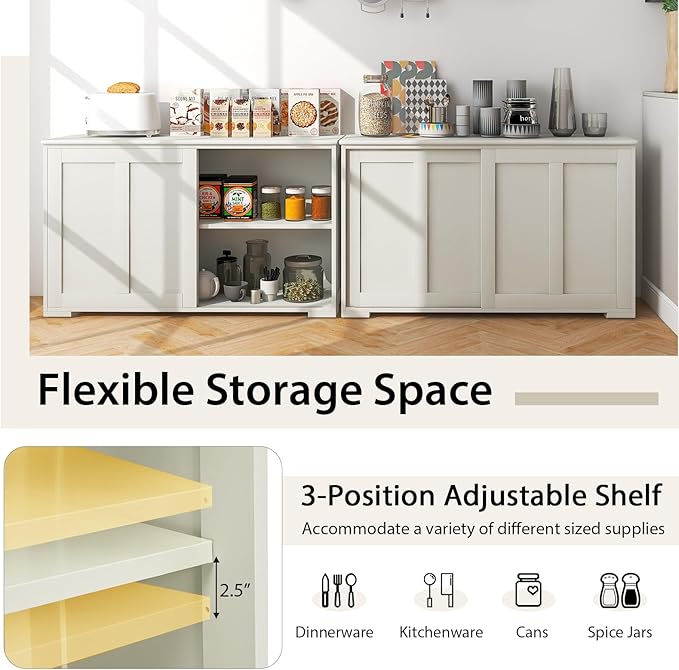 Costzon Sideboard Buffet Cabinet of 2, Wooden Kitchen Storage Cabinet with Adjustable Shelf, Sliding Barn Door, Accent Coffee Bar Cabinet Console Table for Living Room, Dining Room, Hallway