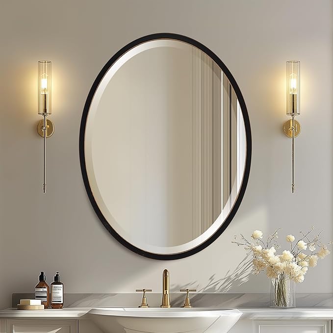 OVALCREST - Oval Wooden Beveled Wall Mirror for Home Decor, Bathroom, Vanity, Bedroom, Living Room, Hallway - London Style (Rubbed Black) 25.1 x 37.1