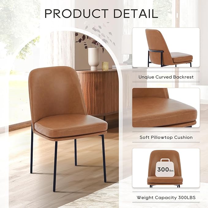COLAMY Modern Dining Chairs Set of 4, Faux Leather Upholstered Kitchen Chairs with Curved Back & Metal Legs, Mid-Century Dining Room Chair (Brown)