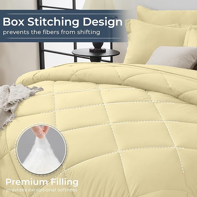 HEVUMYI Cream Yellow King Comforter Set - 7-Piece All Season Bed in a Bag King, Ultra Soft Bedding Set with Comforter, Flat Sheet, Fitted Sheet, Pillowcases, Pillow Shams