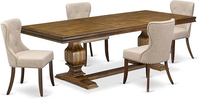LKSI5-AWA-04-5-pc Mid Century Dining Set Consists of a Modern Dining Table and 4 Light Tan Linen Fabric Modern Chairs with Button Tufted Back - Antique Walnut Finish