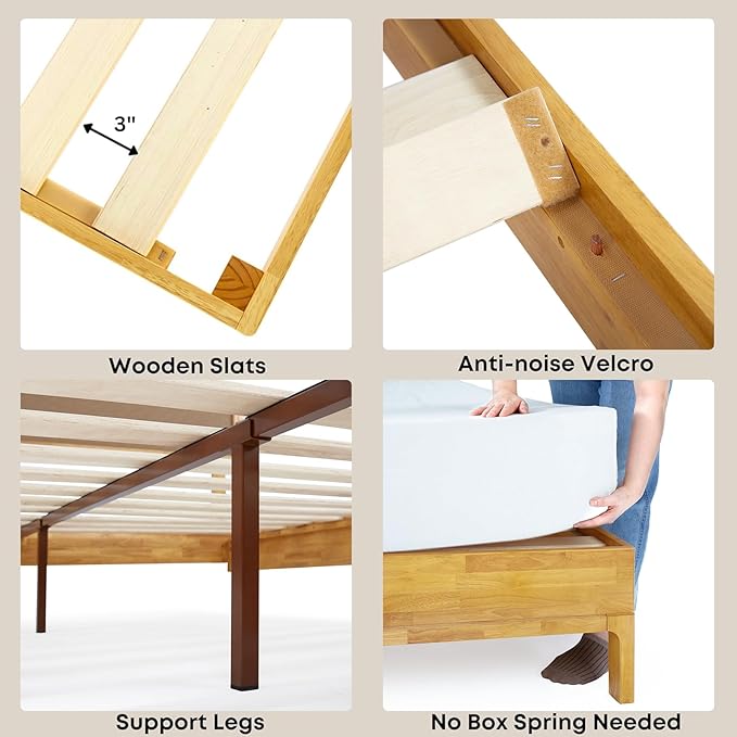 Bme Nipe Queen 14 Inch Bohemian Bed Frame with Adjustable Woven Headboard - Rustic & Vintage Unique Style with Acacia Wood - No Box Spring Needed - Easy Assembly - Natural