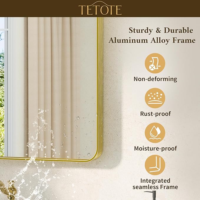 TETOTE Gold Mirror Bathroom 28 x 36 Brushed Gold Metal Framed Vanity Mirror, Tempered Glass, Modern Farmhouse Wall Mounted Mirrors for Decorative(Horizontal/Vertical)