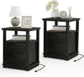 Vipbear Farmhouse Nightstand 18" Dark Gray End Table with Charging Station & 2 Drawers, Rustic Bedside Table with Storage Shelf for Bedroom, Living Room,18.1" D x 18.1" W x 24.2" H, Set of 2