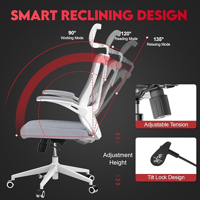 Ergonomic Office Chair - 400LB Comfy Desk Chairs with Headrest and Back Support, Heavy Duty Mesh Computer Chair with Wheels and Arms for Home Office, Study, Bedroom and College Dorm (Grey)
