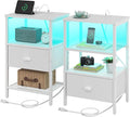 Sthmec Nightstands Set of 2, LED Bedside Tables with Charging Station and Fabric Drawer, Night Stand with Storage, 3 Tier Side Table with Open Shelf, LED Nightstand with Charging Station, White