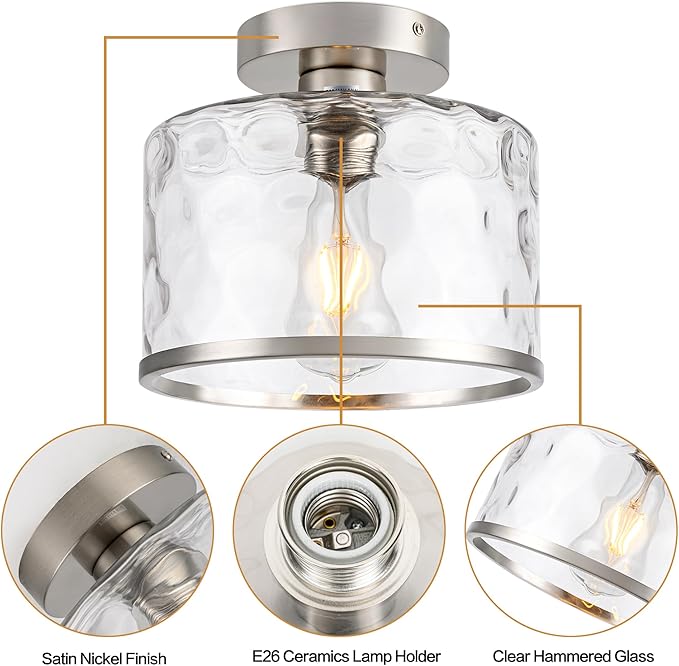 Modern Semi Flush Mount Ceiling Light with Industrial Clear Hammered Glass Lampshade, Farmhouse Ceiling Lights fixtures in Satin Nickel for Hallway Kitchen Bathroom Bedroom