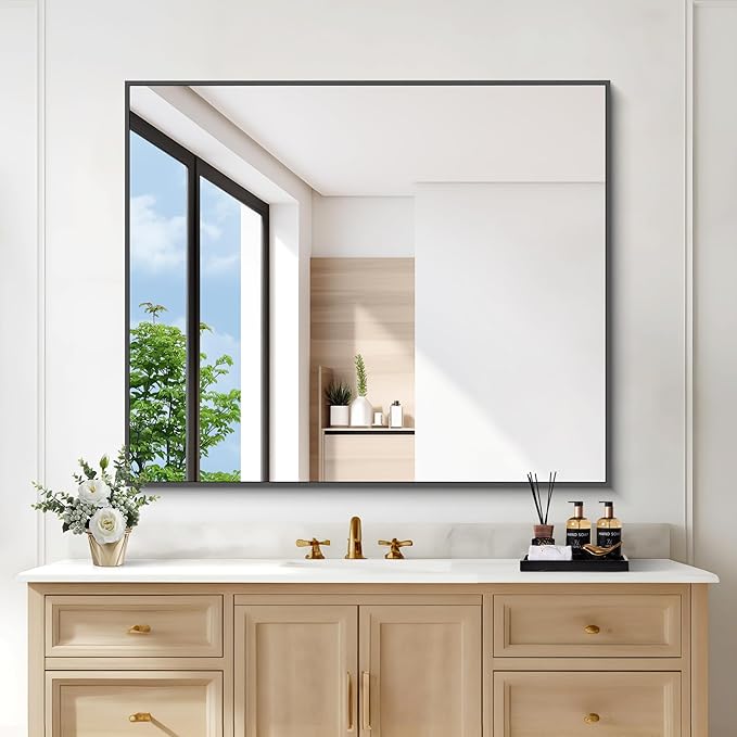 Black Bathroom Mirror for Wall, 30x36 Inch Rectangle Mirrors with Metal Frame, Modern Vanity Wall Mirror Decor for Entryway Hangs, Bathroom Living Room Horizontal or Vertical