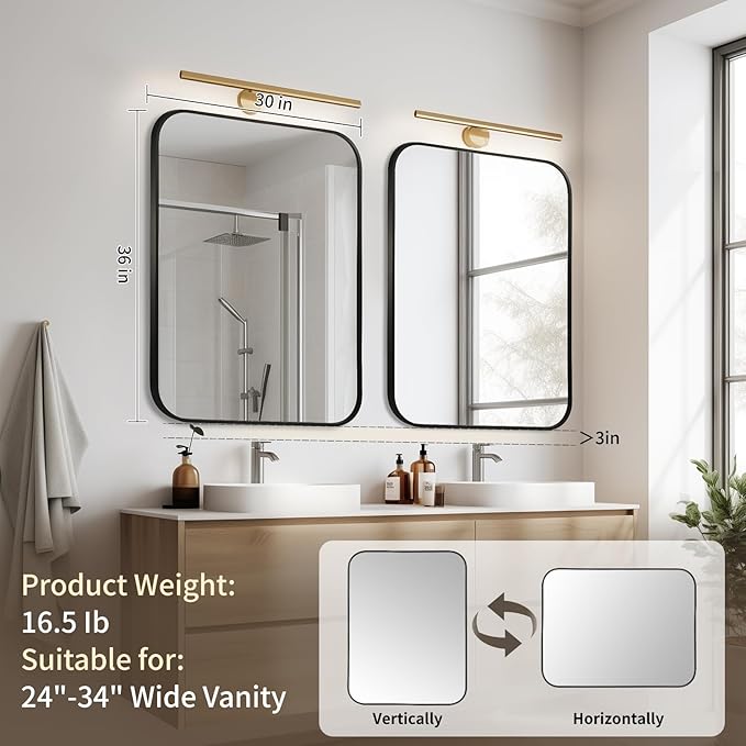 Black Bathroom Mirror, 30x36 Inch Aluminum Frame Rectangle Mirror, Anti-Rust, Tempered Glass, Wall Mirror for Over Sink, Vanity, Bedroom, Entryway, Horizontal/Vertical