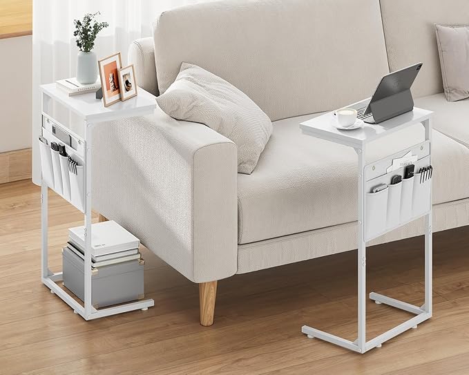 Vagusicc C Shaped End Table, Set of 2, Small Side Table for Couch, Couch Side Table TV Tray Arm C Tables for Small Space, Sturdy Slide Under Sofa Tables with Metal Frame for Living Room Bedroom, White