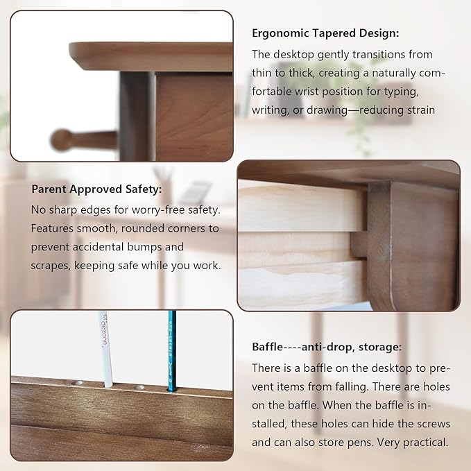 Oak Desk with Drawers, Solid Wood Desk with Bookshelf Small Computer Desk for Small Spaces Mid-Century Modern Wood Writing Desk with 2 Drawers for Home Office 47"