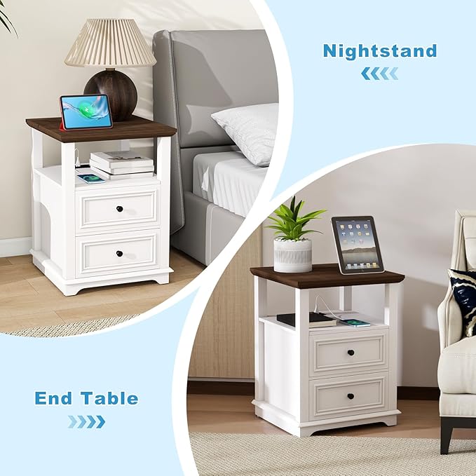 Vipbear Farmhouse Nightstand 18" White End Table with Charging Station & 2 Drawers, Rustic Bedside Table with Storage Shelf for Bedroom, Living Room,18.1" D x 18.1" W x 24.2" H, Set of 2