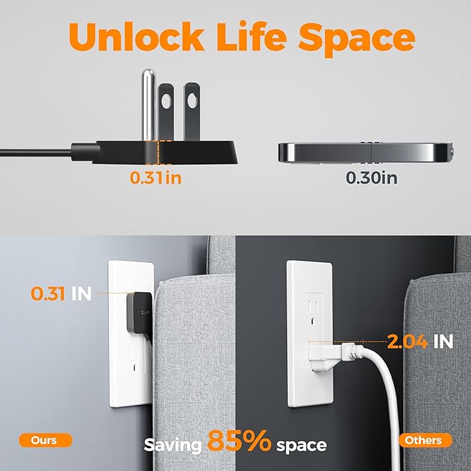 Surge Protector Flat Extension Cord 5FT, TESSAN Flat Plug Power Strip with 4 Outlets 3 USB C Ports (1 USB C), 900 Joules Protection, Multiple Wall Outlet Extender Suitable for Home Office Dorm, Black