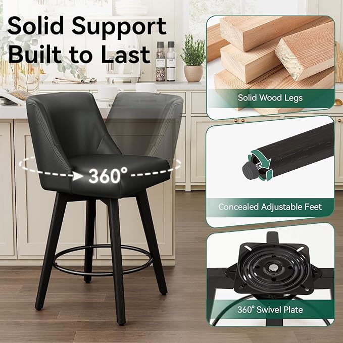 Vipbear Swivel Counter Height Bar Stools Set of 6,26.8" H Counter Stools with Back, Mid Century Modern Bar Stools for Kitchen Island,Faux Leather,Wooden Base, Black