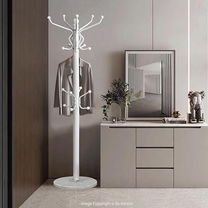 Kertnic Freestanding Coat Rack with 18 Hooks & Marble Base - Heavy Duty Metal Hall Tree Stand for Entryway, Hats, Coats, Bags Rack - Modern Hanger Organizer for Home, Office, Dorm (18 hooks -White)
