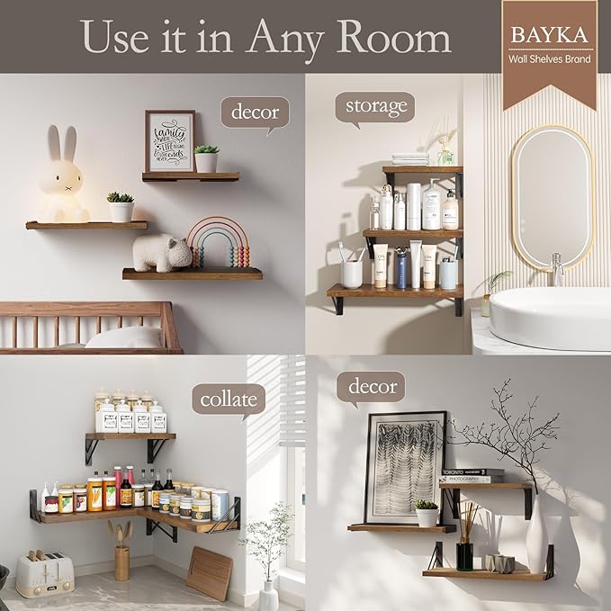 BAYKA Floating Shelves for Wall, Book Shelf for Bedroom, Wall Decor Shelves for Living Room Kitchen, Mounted Wood Floating Shelf for Home Decor, Corner Shelf for Bathroom, Office(Set of 3)