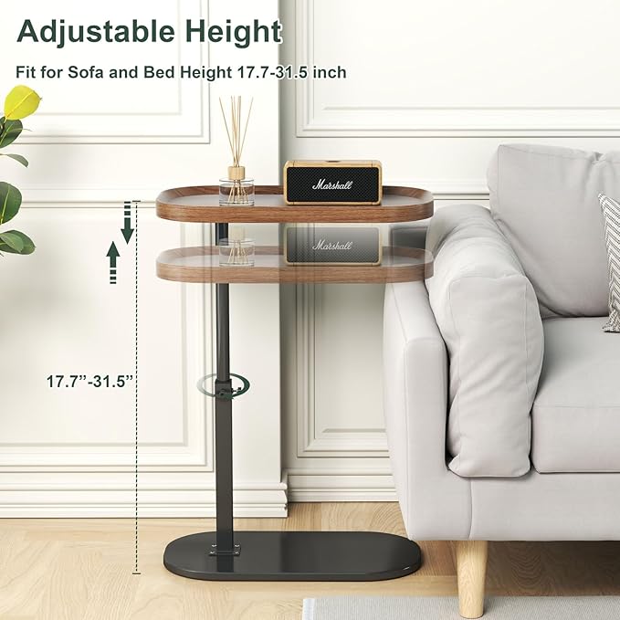 C Shaped Side Table Adjustable Height, 360°Swivel C Shaped End Table, Couch Side Tables That Slide Under, Small Coffee C Table End Table for Sofa/Bed/Bathtub, Rotating Elevate Tabletop (Wood)