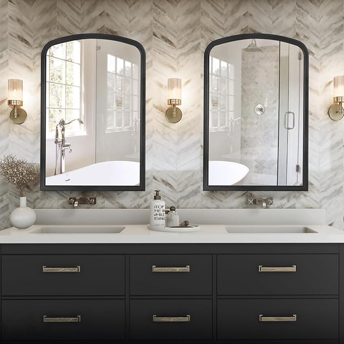HOMECOOKIN Wood Arched Mirror for Bathroom, 30" x 40" Farmhouse Rustic Arched Wall Mirror Wood Framed Vanity Mirror for Home Decor Entryway Living Room (Black)