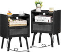 Lerliuo Rattan Nightstands Set of 2 with Charging Station, Boho Side Table with Drawer Open Shelf, Cane Accent Bedside End Table with Solid Wood Legs for Bedroom, Dorm and Small Spaces (Black)