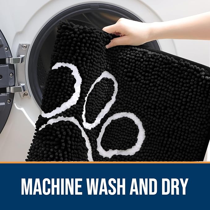 OLANLY Door Mat for Muddy Dog Paws 59x24, Ultra Absorbent Chenille Mud Doormat with Paw Print Design, Non-Slip Washable Doormat for Indoor Entryway, Quick-Dry Pet Bed Mats for Dirty Dogs, Black