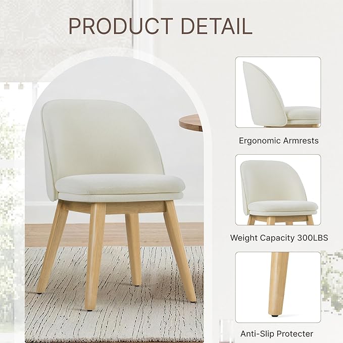 Wooden Dining Chairs Set of 2, Fabric Upholstered Modern Dining Room Chairs with Double-Layer Thick Seat Cushion & Ergonomic Backrest for Restaurant, Kitchen and Café, Beige