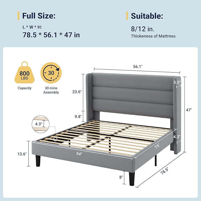Allewie Full Size Platform Bed Frame with Velvet Upholstered Wingback Headboard, No Box Spring Needed, Under Bed Storage Space, Strong Wooden Slats, Modern Mattress Foundation, Easy Assembly, Grey