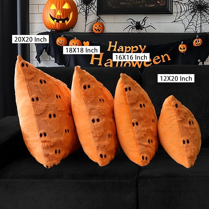 4TH Emotion Halloween Ghost Decorative Pillow Covers 16x16 Set of 2, Orange Soft Plush Faux Fur Farmhouse Throw Cushion Cases for Fall Autumn Holiday Home Decorations