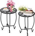 2 Pack Outdoor Side Tables for Patio, Weather Resistant Steel Patio Side Table, Small Round Outdoor End Table Metal Side Table for Patio Yard Balcony Garden Black (Flowers)
