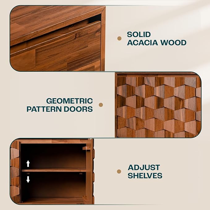 Bme Georgina Solid Wood Sideboard with Geometric Pattern, 2 Doors and 3 Drawers, 61 Inch Mid Century Modern Sideboard Cabinet for Kitchen, Dining Room, Living Room, Dark Choco