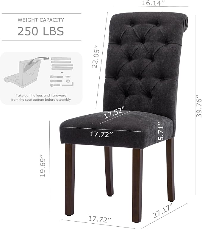 COLAMY Button Tufted Dining Chairs Set of 2, Parsons Upholstered Fabric Dining Room Chairs Kitchen Chairs with Wood Legs and Padded Seat, Black