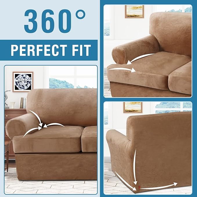 H.VERSAILTEX Sofa Cover 3 Piece T Cushion Loveseat Slipcovers Thick Velvet Couch Cover Furniture Protector Stretch T Cushion Sofa Covers for 2 Cushion Couch with 2 Individual T Cushion Covers, Camel