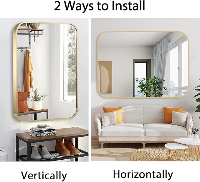16x20 Inch Gold Bathroom Mirror, Brushed Brass Gold Metal Framed Rectangular Mirror with Rounded Corner, Bathroom Vanity Mirror for Bedroom or Living Room, Horizontal/Vertical