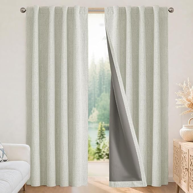 Joydeco 100% Blackout Curtains for Bedroom - Natural Linen Curtains 42" W x 84" L Long, Thermal Insulated 2 Panels Light Beige. Room Darkening Light Blocking Drapes for Living Room