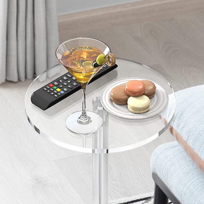 Acrylic End Table, Clear Side Tables for Small Space, 9.8" Round Modern Drink Table for Living Room, Bedroom, Bathroom, Office, Outdoor, Business, Sturdy and Easy to Install