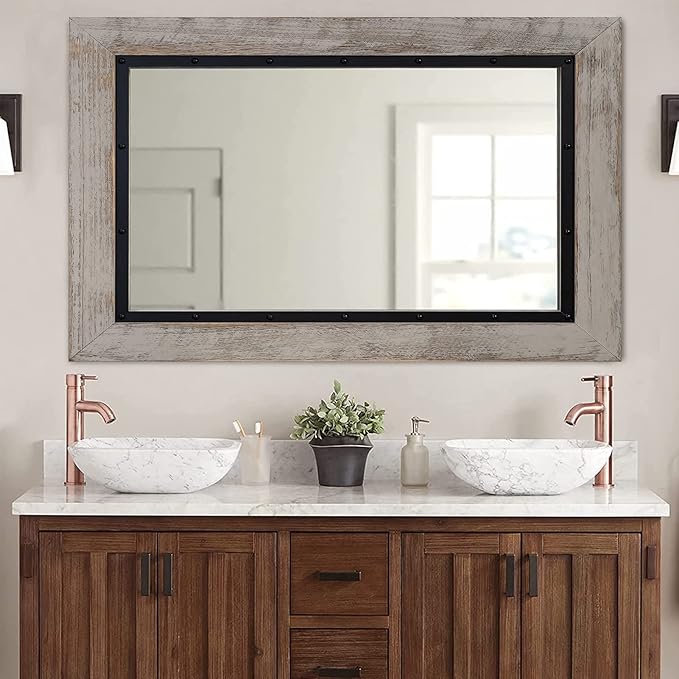 YOSHOOT Rustic Wooden Framed Wall Mirror, 48"x30", Natural Wood and Iron Bathroom Vanity Mirror for Farmhouse Decor, Vertical or Horizontal Hanging