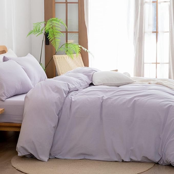 BESTOUCH Duvet Cover Set 100% Washed Cotton Linen Feel Super Soft Comfortable Chic Lightweight 3 PCs Home Bedding Set Solid Taro Purple Oversized Full