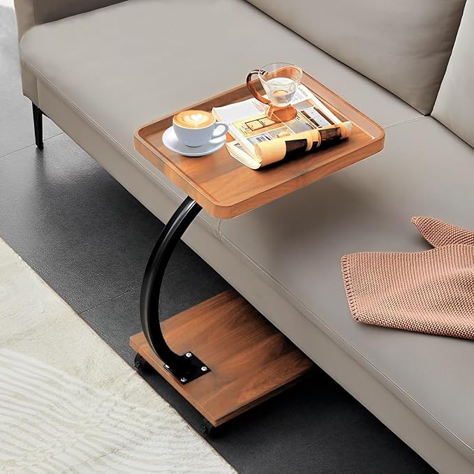 C Table End Table,360°Swivel TV Tray Table for Small Spaces, Couch Tables That Slide Under, C Shaped Side Tables with Wheels for Living Room and Bedroom, Bed,Chair, Snack Table