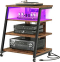 4-Tier AV Media Stand with Wheels, Stereo Stands, Media Console Shelf with Power Strips, LED Lights, Wooden Audio Cabinet Rack Tower, Rustic Brown and Black TCJ60UDBF
