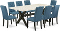 East West Furniture X627EL121-9 9 Piece Dining Room Table Set Includes a Rectangle Dining Table with X-Legs and 8 Blue Linen Fabric Upholstered Parson Chairs, 40x72 Inch, Multi-Color